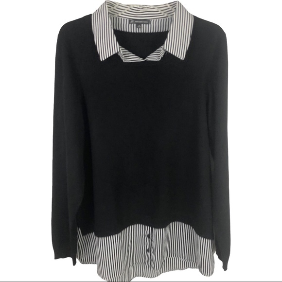 Adrianna Papell Sweaters - ADRIANNA PAPELL Layered Look Solid Sweater Black White Striped Blouse TOP XL